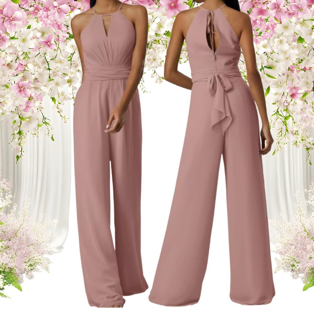 Sleeveless Halter Wide-Leg Jumpsuit in Dusty Rose